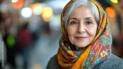 An elderly woman with a gray hairstyle and a colorful scarf looks warmly at the camera, standing amidst a bustling market crowd during day hours