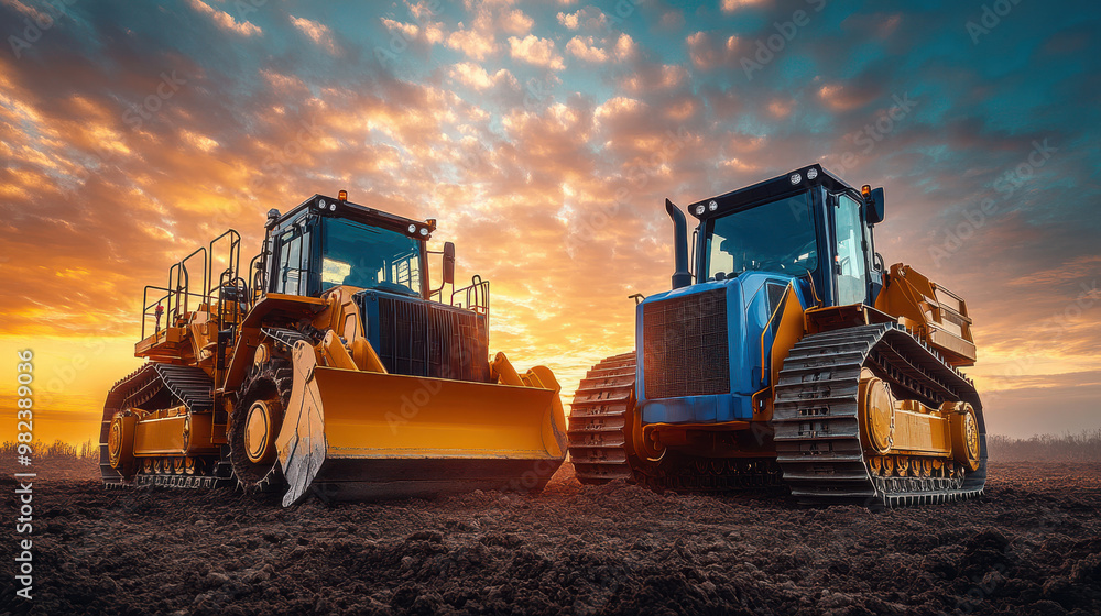 Two large bulldozers parked on dirt, facing the camera, in front of a dramatic sunset sky, heavy machinery for construction or farming work, industrial equipment Two large bulldozers parked on dirt, facing the camera, in front of a dramatic sunset sky, heavy machinery for construction or farming work, industrial equipment