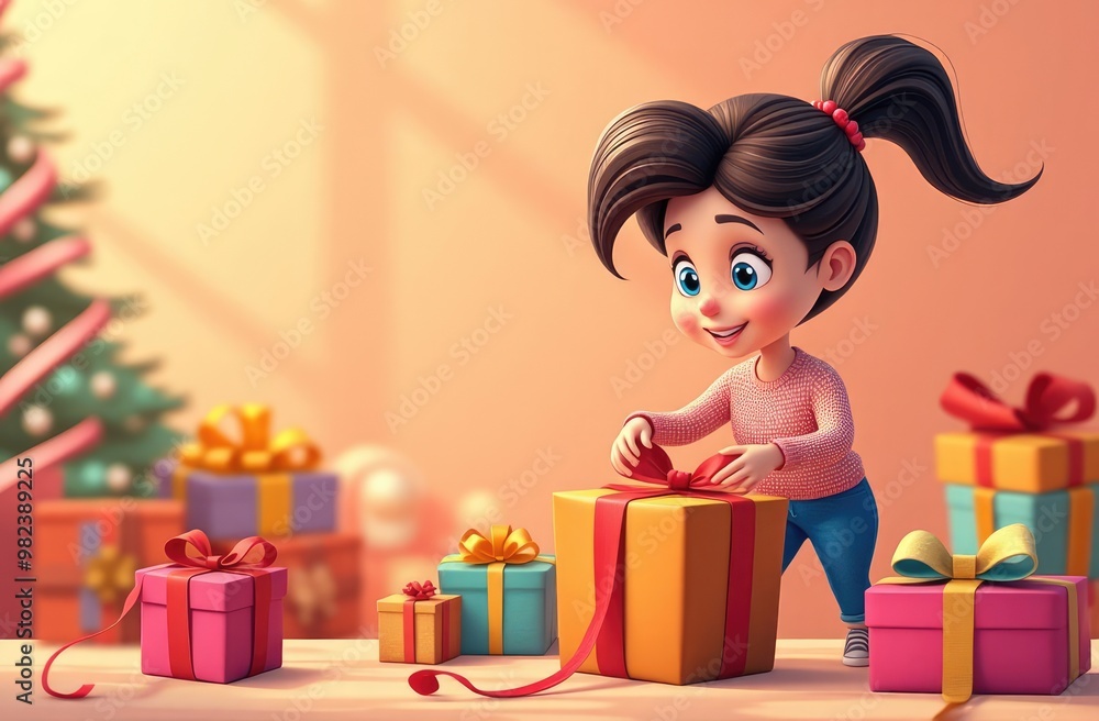 funny 3d illustration of cute girl wrapping Christmas gifts with colorful paper and ribbons, New year celebration funny 3d illustration of cute girl wrapping Christmas gifts with colorful paper and ribbons, New year celebration
