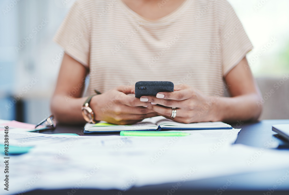 Fototapeta premium Business woman, hands and typing with phone for news, schedule planning or agenda at office desk. Closeup, female person or employee with mobile smartphone for online browsing or app at workplace