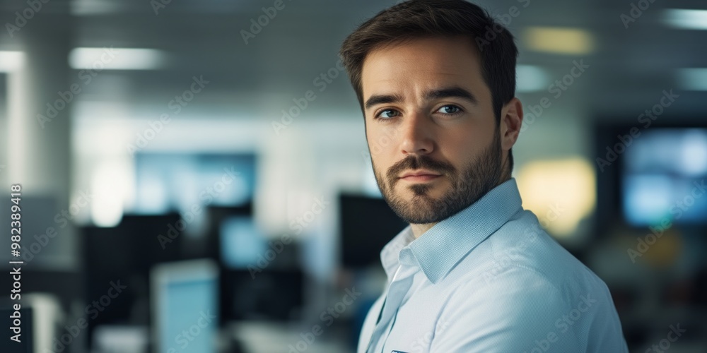 A focused young man in a modern office setting looks confidently into the camera. The image captures professional ambiance and determination. Ideal for business themes. AI A focused young man in a modern office setting looks confidently into the camera. The image captures professional ambiance and determination. Ideal for business themes. AI