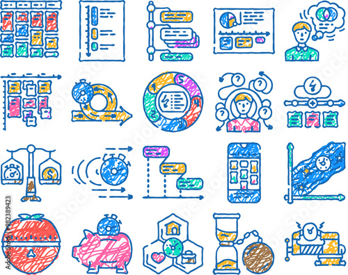 time management schedule task doodle icons set vector. sketch line art patience student, hourglass work, manage life, calendar hour, project date time management schedule task color illustrations