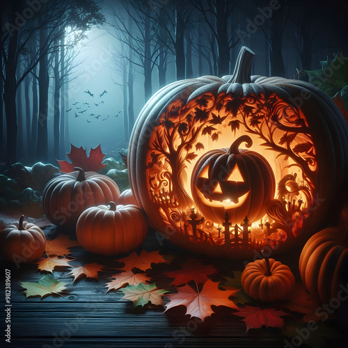 Halloween pumpkin background featuring spooky jack-o-lanterns on a black backdrop, perfect for autumn celebrations	