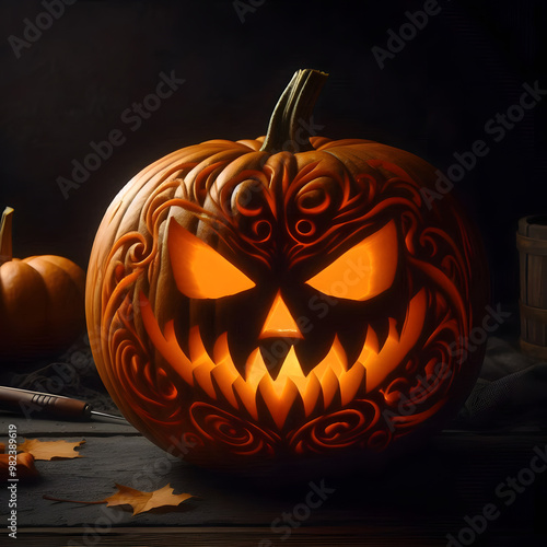 Halloween pumpkin background featuring spooky jack-o-lanterns on a black backdrop, perfect for autumn celebrations	