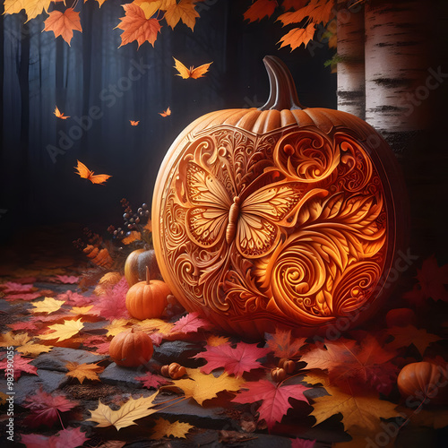Halloween pumpkin background featuring spooky jack-o-lanterns on a black backdrop, perfect for autumn celebrations	