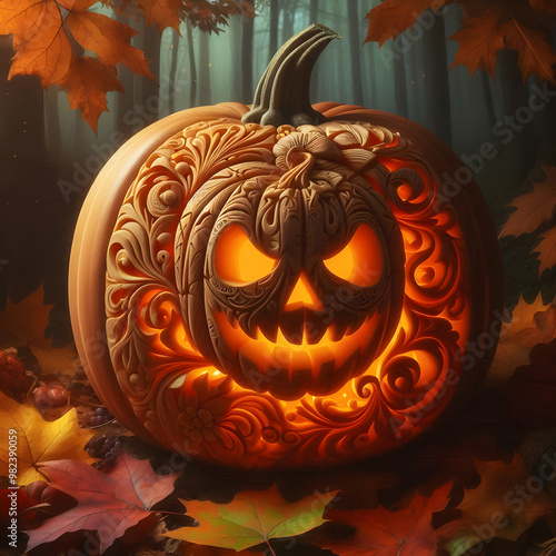 Halloween pumpkin background featuring spooky jack-o-lanterns on a black backdrop, perfect for autumn celebrations	