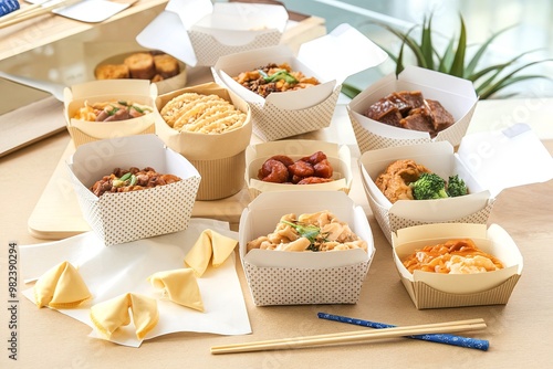 Blank label Set of Packed in paper containers and boxes of Chinese food