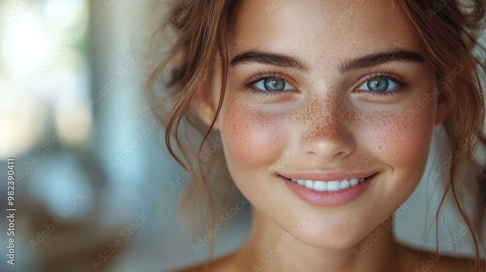 Close-up portrait of smiling woman with freckles, natural beauty, radiant skin, blue eyes, youthful look, healthy complexion, confidence, outdoor lighting Close-up portrait of smiling woman with freckles, natural beauty, radiant skin, blue eyes, youthful look, healthy complexion, confidence, outdoor lighting