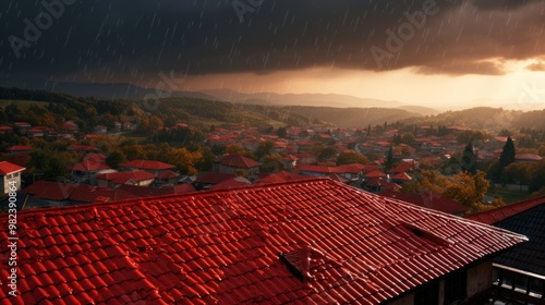 Rain-Soaked Village in Golden Hour photo