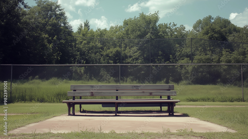Empty baseball field wooden bench green grass chain-link fence blue sky rural outdoor sports nostalgic quiet practice area peaceful recreational park Empty baseball field wooden bench green grass chain-link fence blue sky rural outdoor sports nostalgic quiet practice area peaceful recreational park