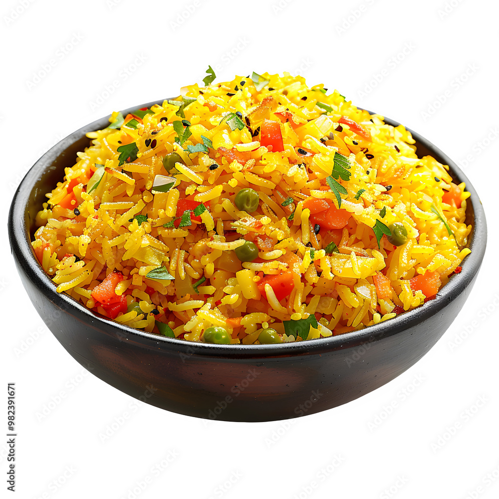 Colorful bowl of indian vegetable pulao, featuring bright rice and crisp veggies, set against a clear background for simple blending Colorful bowl of indian vegetable pulao, featuring bright rice and crisp veggies, set against a clear background for simple blending