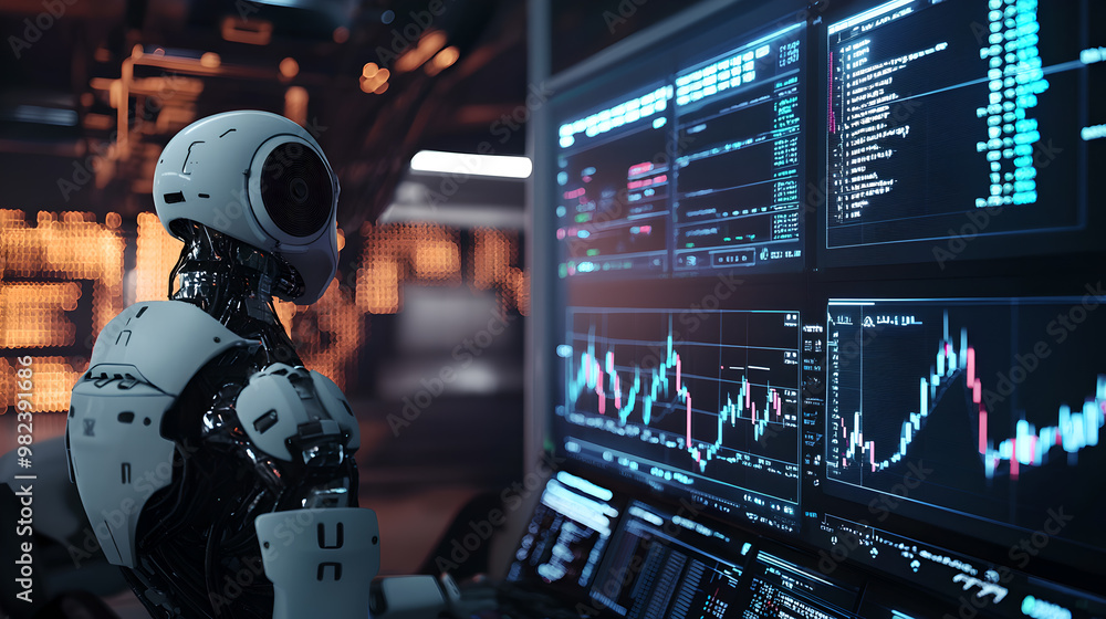 Futuristic Robot Analyzing Data on Multiple Screens Futuristic Robot Analyzing Data on Multiple Screens