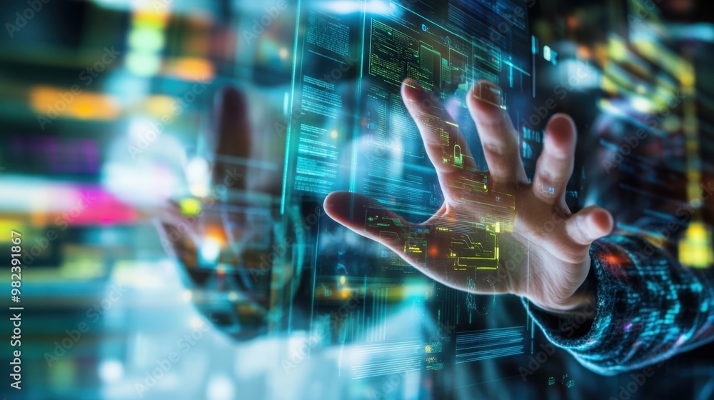 Futuristic Interface Interaction: Person Engaging with Advanced Technology Futuristic Interface Interaction: Person Engaging with Advanced Technology