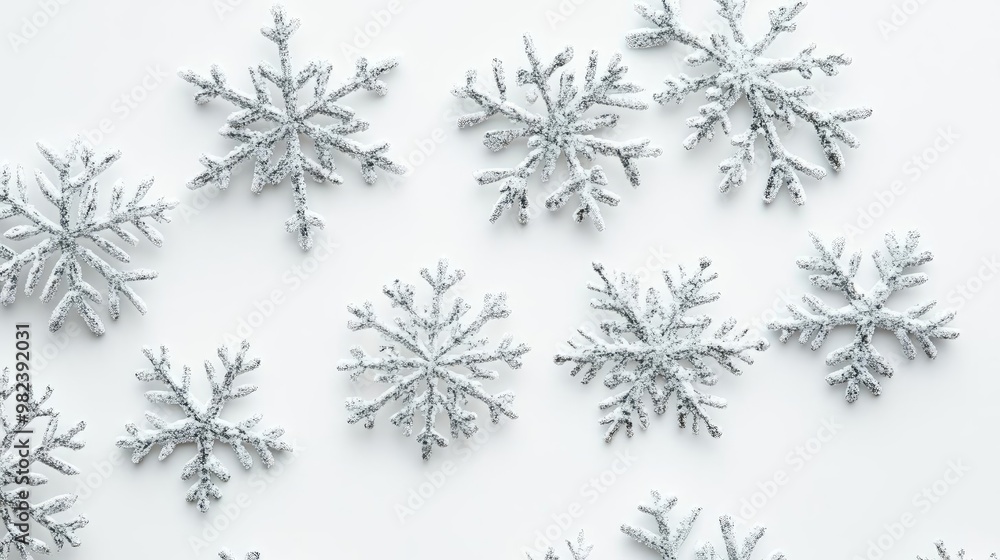 Beautiful silver snowflakes arranged on a white background, ideal for winter and holiday-themed designs and decorations. Beautiful silver snowflakes arranged on a white background, ideal for winter and holiday-themed designs and decorations.