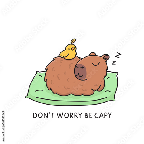 Animal capybara and yellow chick bird sleeping on green pillow. Cartoon characters relaxing. Funny inscription play on words Don't worry be capy