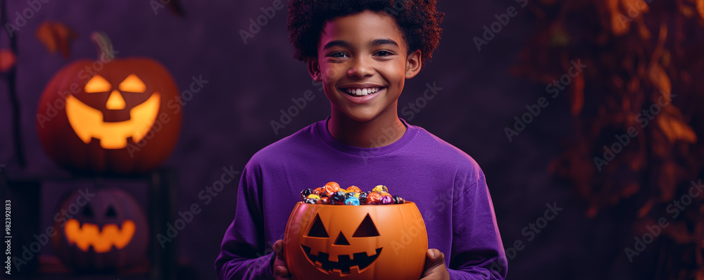 Fototapeta premium Halloween portrait of African male with candy bucket in eerie forest scene