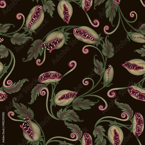 Halloween Seamless pattern with carnivorous plant in cartoon style. Hand drawn endless holiday background design. Dark mystical texture surface for autumn textile and spooky season crafts.