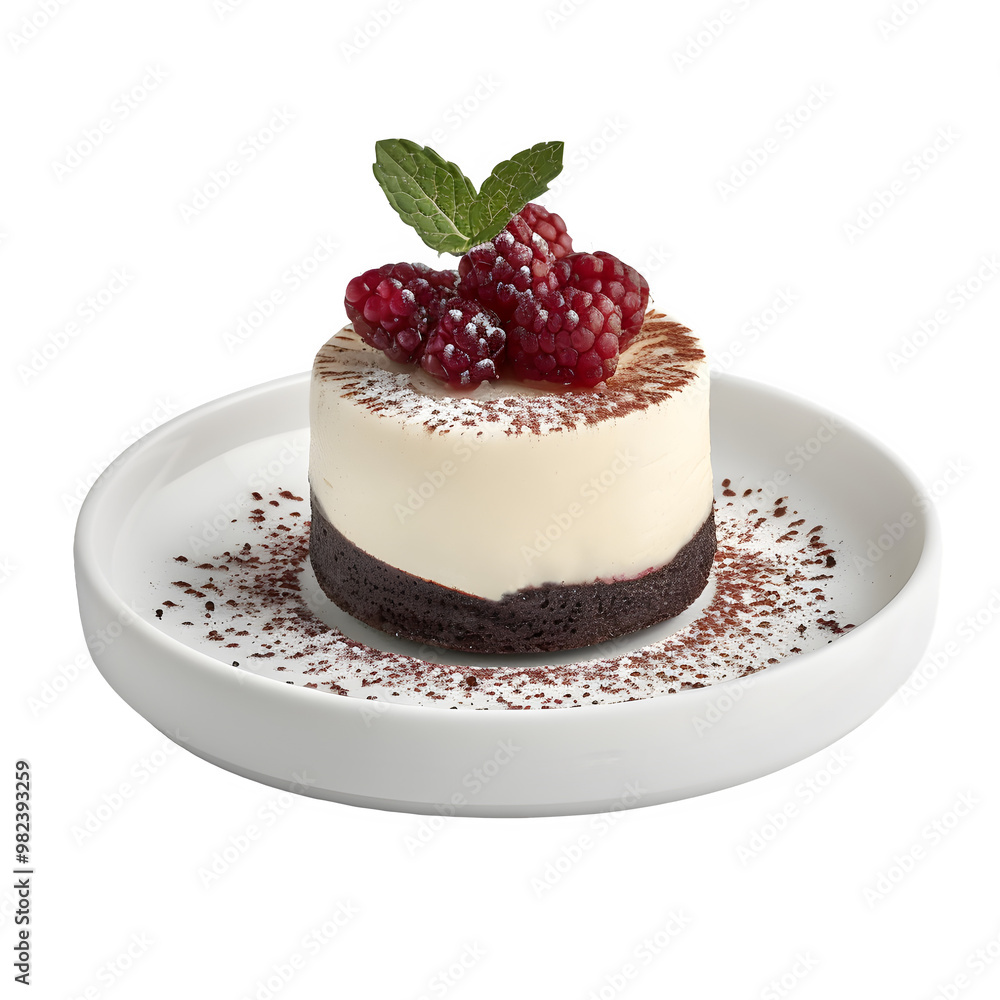 Mini cheesecake with a chocolate crust, topped with fresh raspberries and a mint leaf, served on a white plate against a transparent background Mini cheesecake with a chocolate crust, topped with fresh raspberries and a mint leaf, served on a white plate against a transparent background