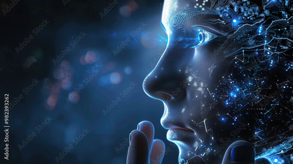A close-up view of a human face intertwining with digital elements, highlighting a blend of technology and emotion in an abstract environment A close-up view of a human face intertwining with digital elements, highlighting a blend of technology and emotion in an abstract environment