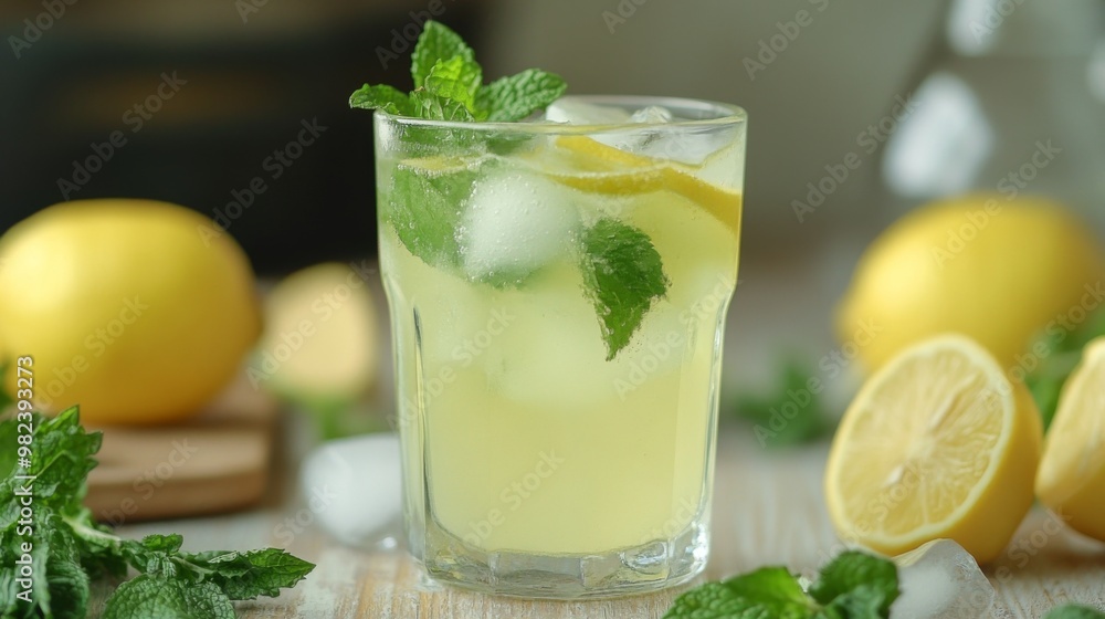 A refreshing glass of lemonade with ice, lemon slices, and mint leaves. A refreshing glass of lemonade with ice, lemon slices, and mint leaves.