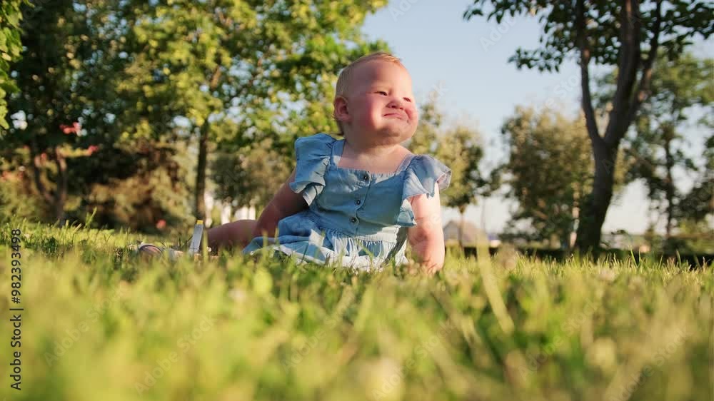 Curious Toddler Sitting on Green Grass in a Sunny Outdoor Setting at Golden Hour Curious Toddler Sitting on Green Grass in a Sunny Outdoor Setting at Golden Hour