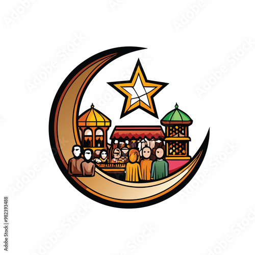 Create a realistic vector illustration of a crescent moon and star, with a star at the top and a crescent moon underneath. Include a detailed depiction of a mosque building and a crowd of people.