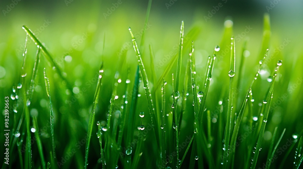 Fototapeta premium Dewdrops Adorning Lush Green Grass Blades