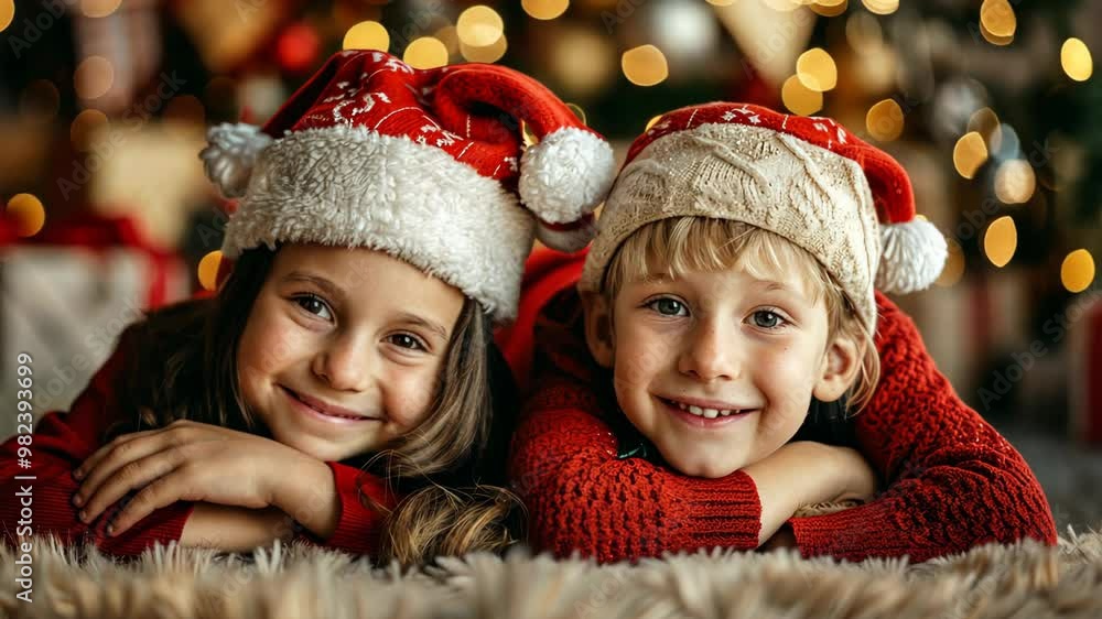 Joyful children in festive hats smile together by the Christmas tree during a cozy winter celebration Joyful children in festive hats smile together by the Christmas tree during a cozy winter celebration