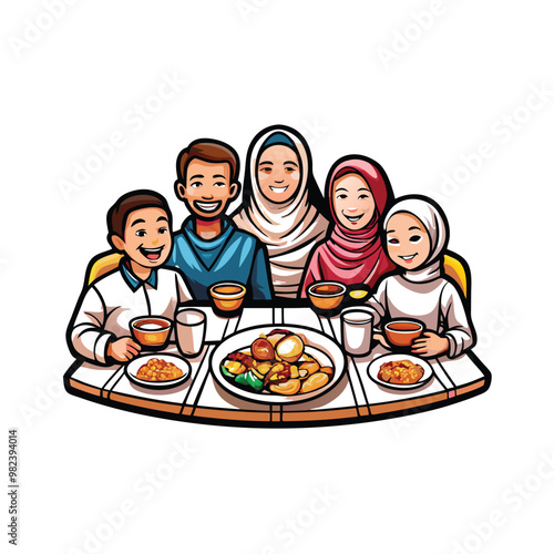 A realistic vector illustration of a family gathered around a table, enjoying a meal together. photo