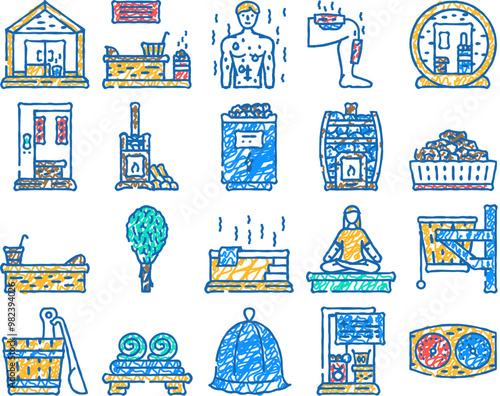 sauna steam spa health doodle icons set vector. sketch line art room accessories, relax heater, stone luxury, towel stroke, candle thermal, bath sauna steam spa health color illustrations