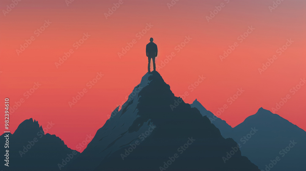 A silhouette of an individual stands on a mountain peak, overlooking a stunning sunset that paints the sky in vibrant hues, creating a serene atmosphere A silhouette of an individual stands on a mountain peak, overlooking a stunning sunset that paints the sky in vibrant hues, creating a serene atmosphere