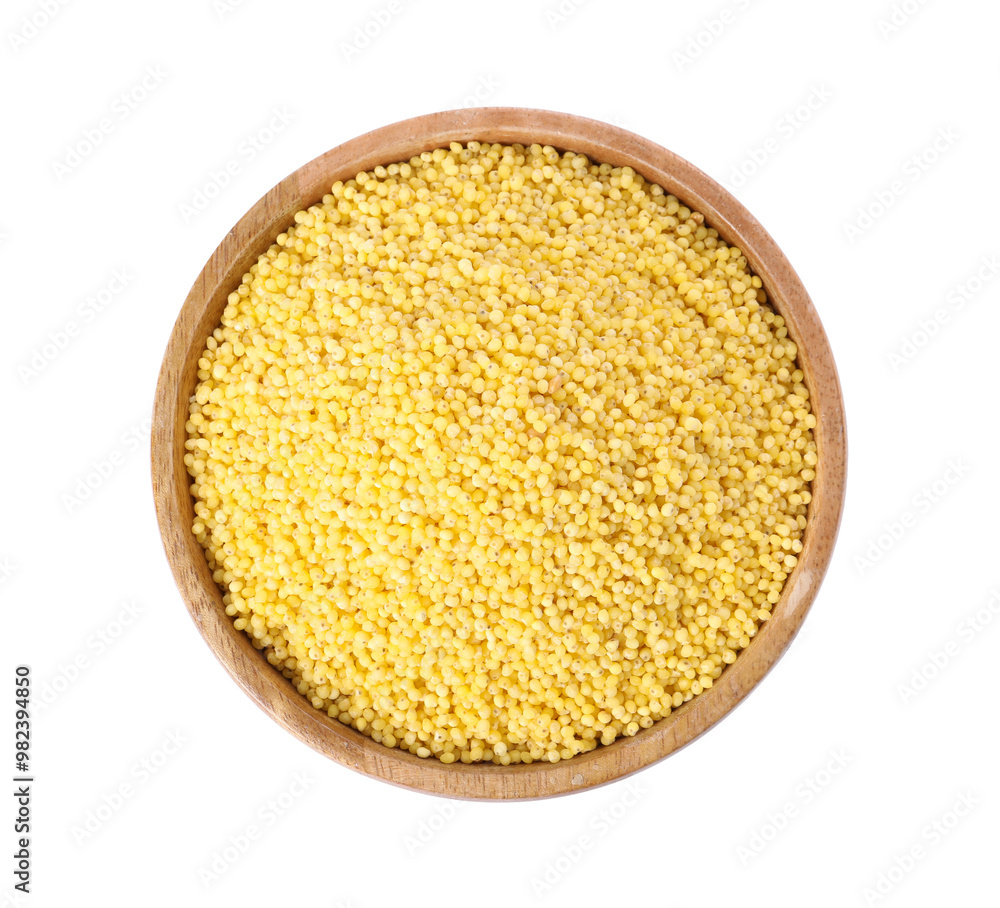 Millet groats in wooden bowl isolated on white, top view Millet groats in wooden bowl isolated on white, top view