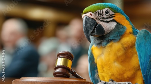 A parrot sitting on a wooden gavel in front of people, AI photo