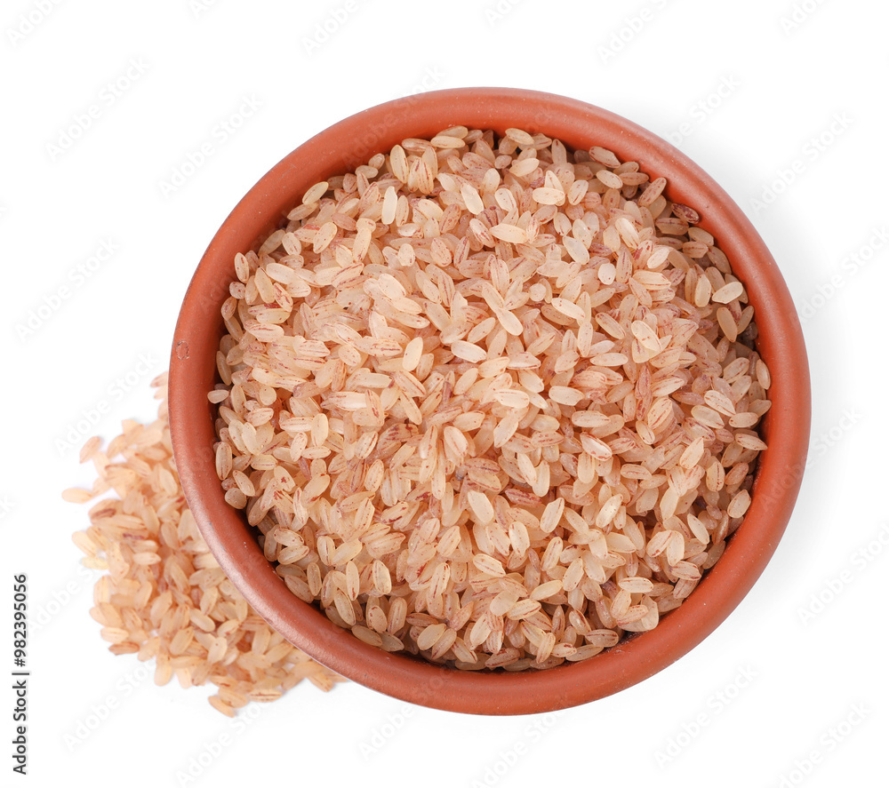 Raw organic matta rice in bowl isolated on white, top view Raw organic matta rice in bowl isolated on white, top view