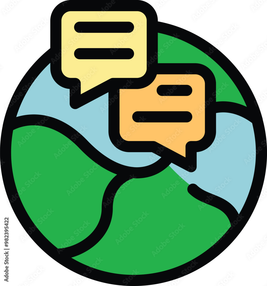 Simple colorful icon of a green and blue planet earth with two speech bubbles exchanging messages, representing global communication Simple colorful icon of a green and blue planet earth with two speech bubbles exchanging messages, representing global communication
