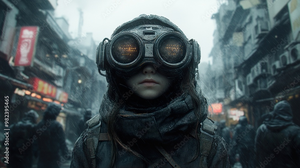 A Woman in Goggles Walks Through a Futuristic City in the Rain A Woman in Goggles Walks Through a Futuristic City in the Rain