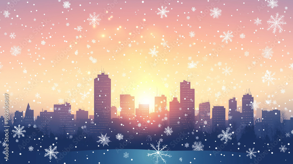Fototapeta premium Winter city skyline at sunset, serene mood, snowfall, digital illustration, vibrant colors, copy space