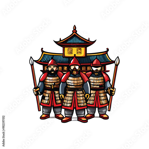 A realistic vector illustration of three historical reenactors in traditional Chinese armor, standing in front of a gatehouse. photo