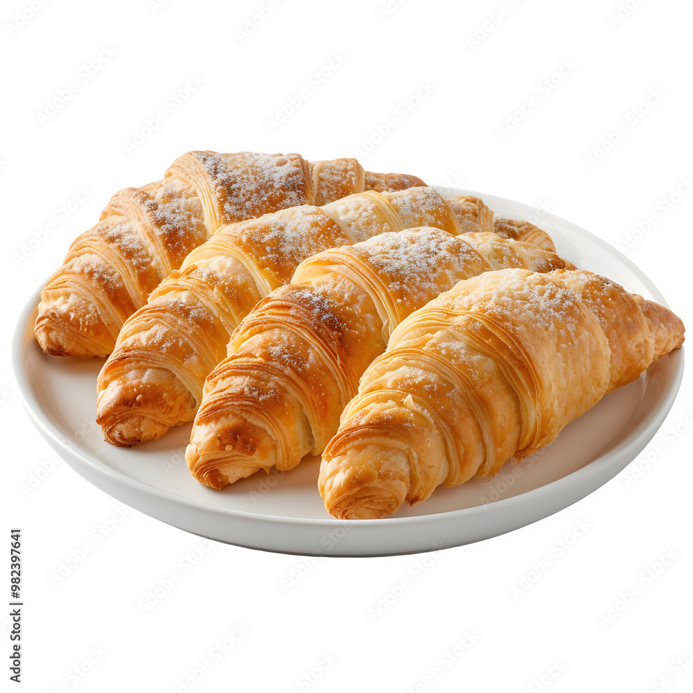 Plate of golden, flaky croissants arranged neatly, perfect for breakfast or a snack, isolated on a transparent background Plate of golden, flaky croissants arranged neatly, perfect for breakfast or a snack, isolated on a transparent background