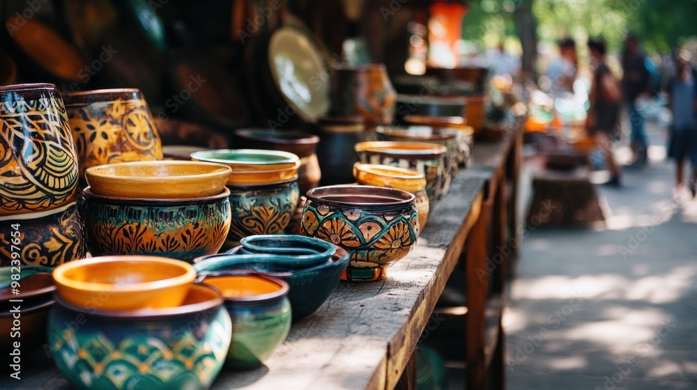 Handcrafted Ceramic Bowls Displayed at a Market Stall Handcrafted Ceramic Bowls Displayed at a Market Stall