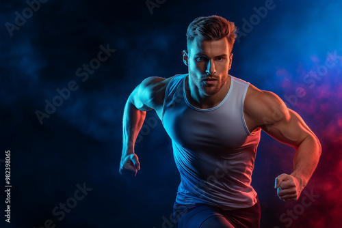 striking fashion portrait Elegant studio photo Luxury Studio Shot of A strong athletic, man wear wearing in the sportswear sprinter, running on black background