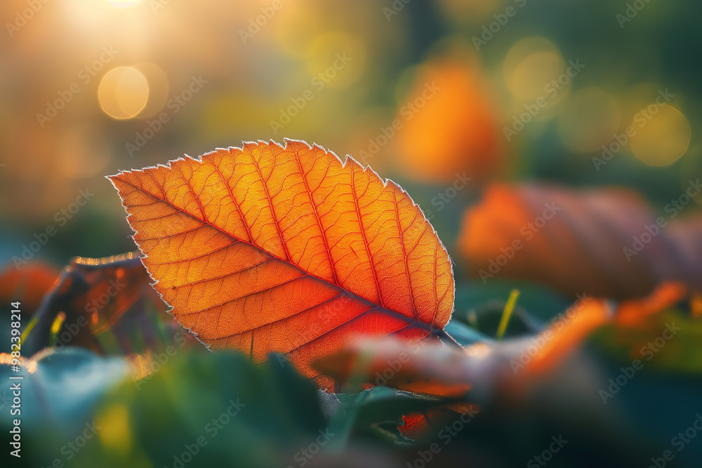 A close-up of an autumn leaf in the sun, resting on green leaves with a blurred background A close-up of an autumn leaf in the sun, resting on green leaves with a blurred background