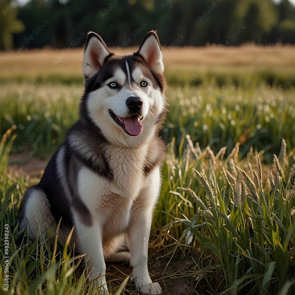 Happy husky dog on nature in a field with growing wheat Happy husky dog on nature in a field with growing wheat