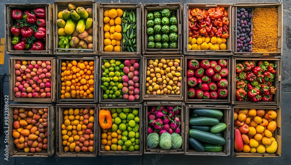 Fresh produce in wooden crates, overhead view of various colorful fruits and vegetables. Fresh produce in wooden crates, overhead view of various colorful fruits and vegetables.