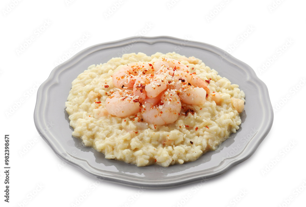 Delicious risotto with shrimps and cheese isolated on white Delicious risotto with shrimps and cheese isolated on white
