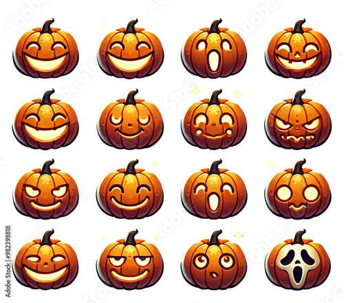 Halloween pumpkin doodles swith different face expressions, stickers, badges design, isolated icons on transparent background photo