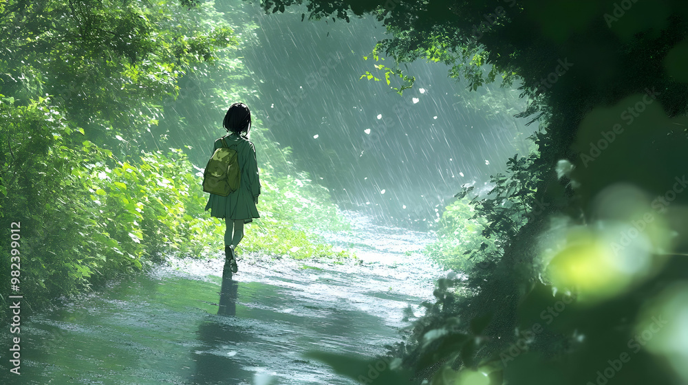 Fototapeta premium Girl Walking in Raining Forest