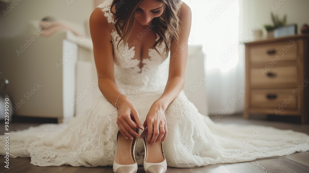 Bride preparing for her wedding day in a beautifully decorated room, putting on elegant shoes while wearing a lace gown Bride preparing for her wedding day in a beautifully decorated room, putting on elegant shoes while wearing a lace gown