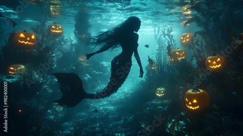 Wallpaper Mural A haunting underwater scene where mermaids with ghostly pale skin and dark, flowing hair swim through a shadowy ocean, surrounded by eerie Halloween decorations like glowing jack-o'-lanterns  Torontodigital.ca