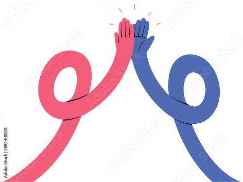 Funky long hands giving high five, multicultural gesture of teamwork and succession. Hand drawn vector illustration in flat design